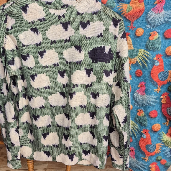 SHEIN Sweaters - Green & White Sheep And Chicken & Rooster Pattern - 2 Sweaters